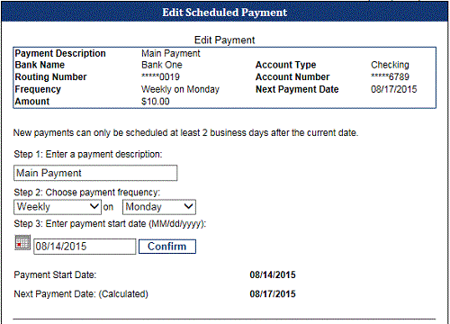 Edit Scheduled Payment page